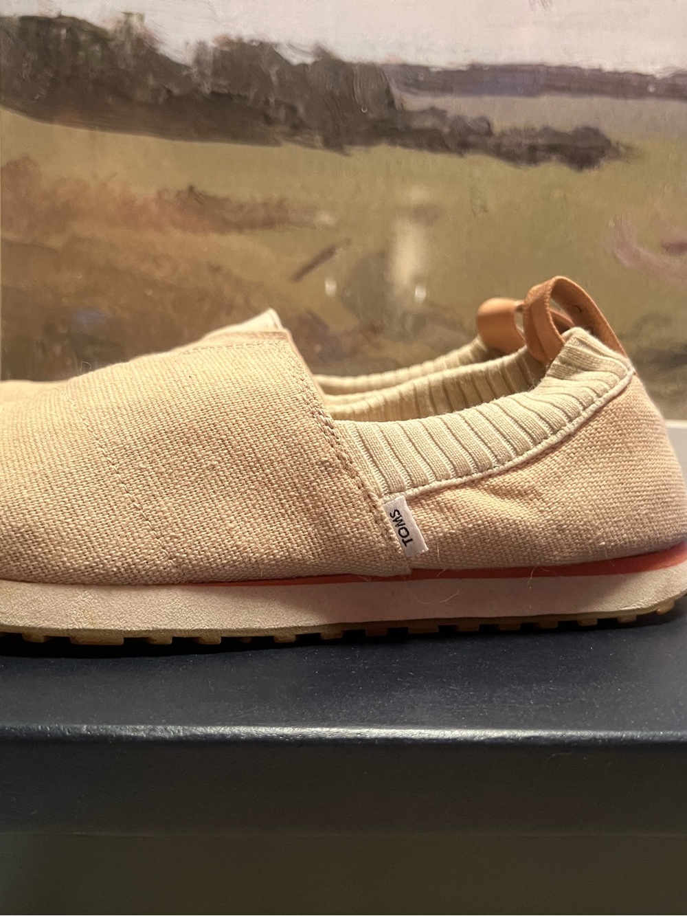 Toms Tan Canvas Slip-On Sneaker with Red Midsole Stripe